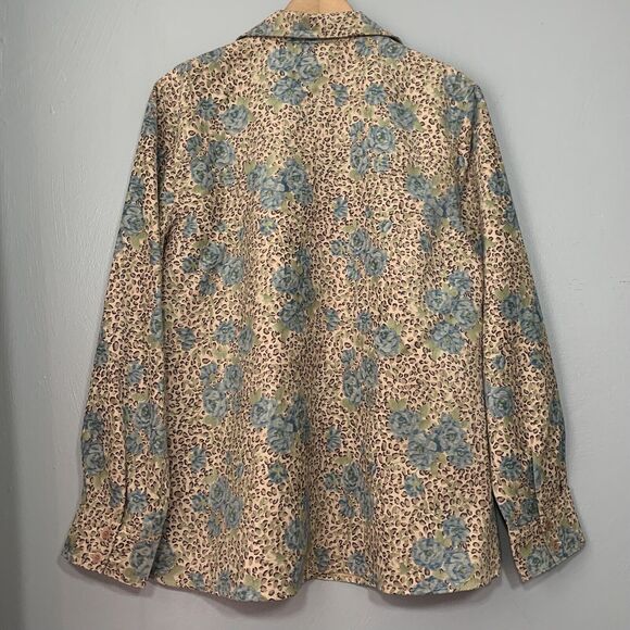 Womens Size Large Leopard Floral Faux Suede Button Up Shirt Safari Old Money - Picture 6 of 7